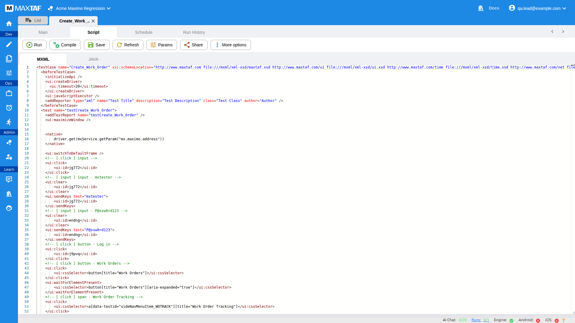 Script tab showing MXML and Java sub-tabs