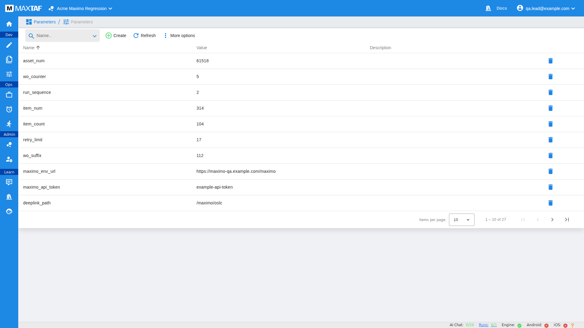 Project parameters page