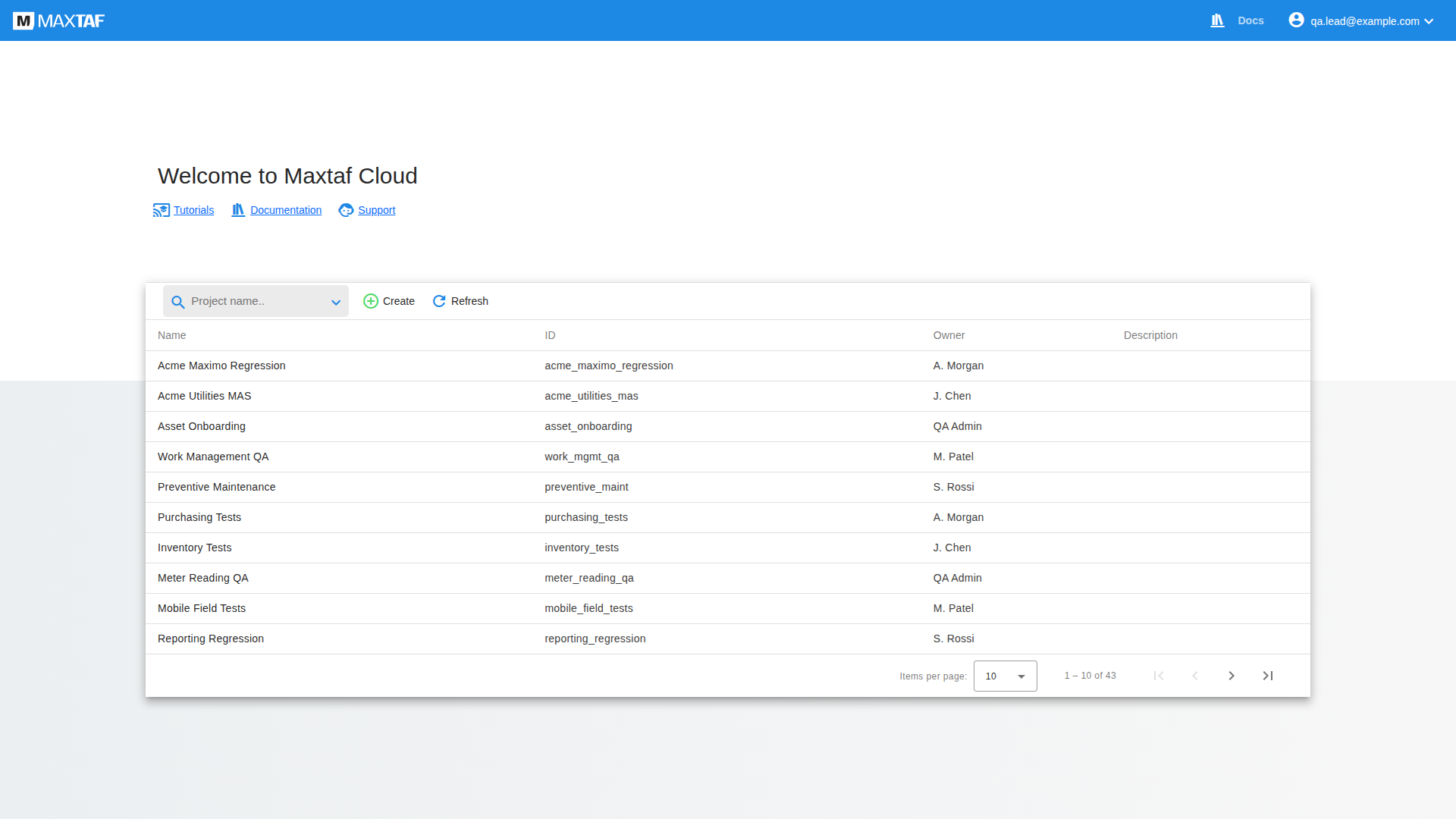 MaxTAF Cloud project selector