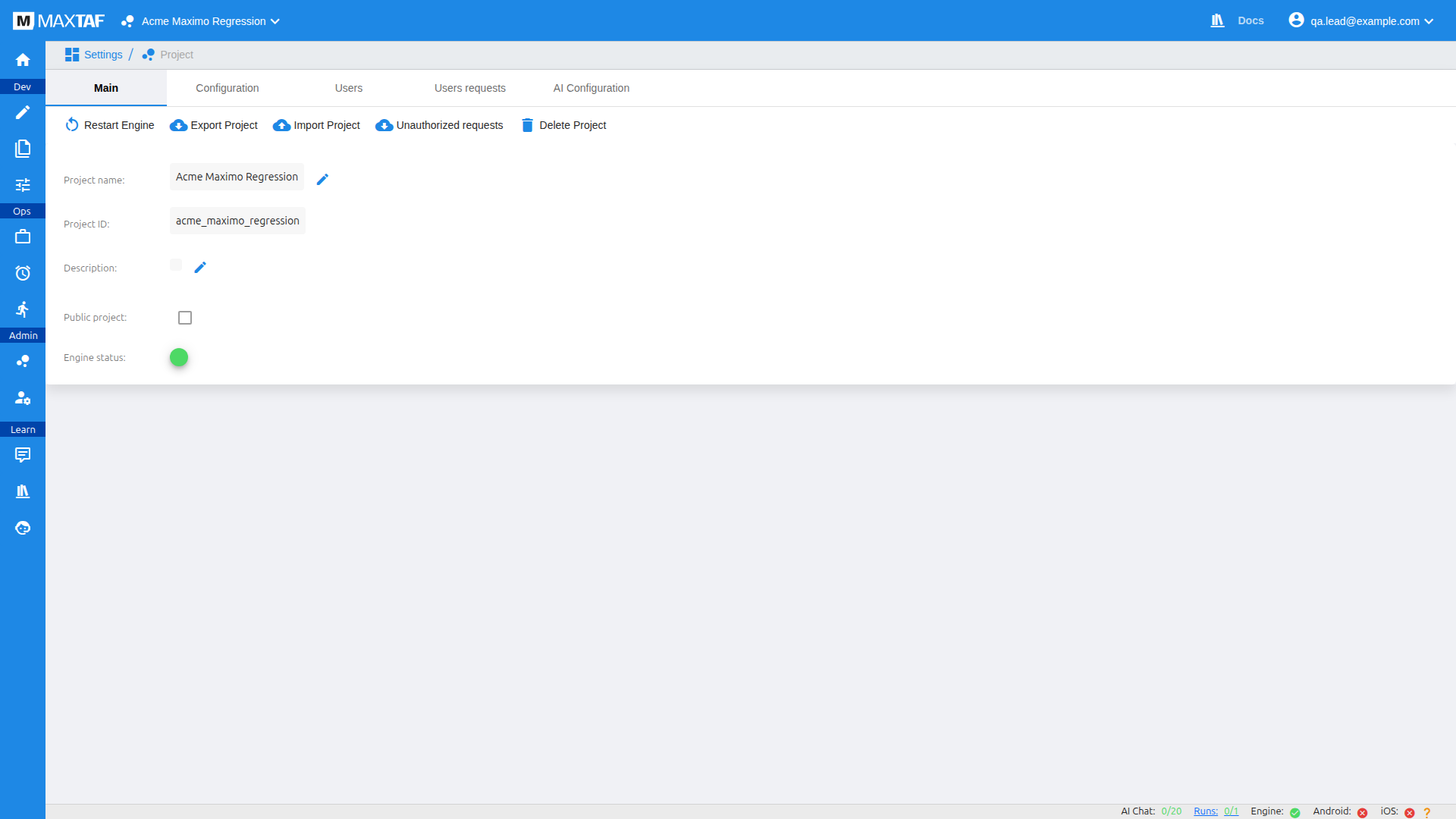 Project settings main tab