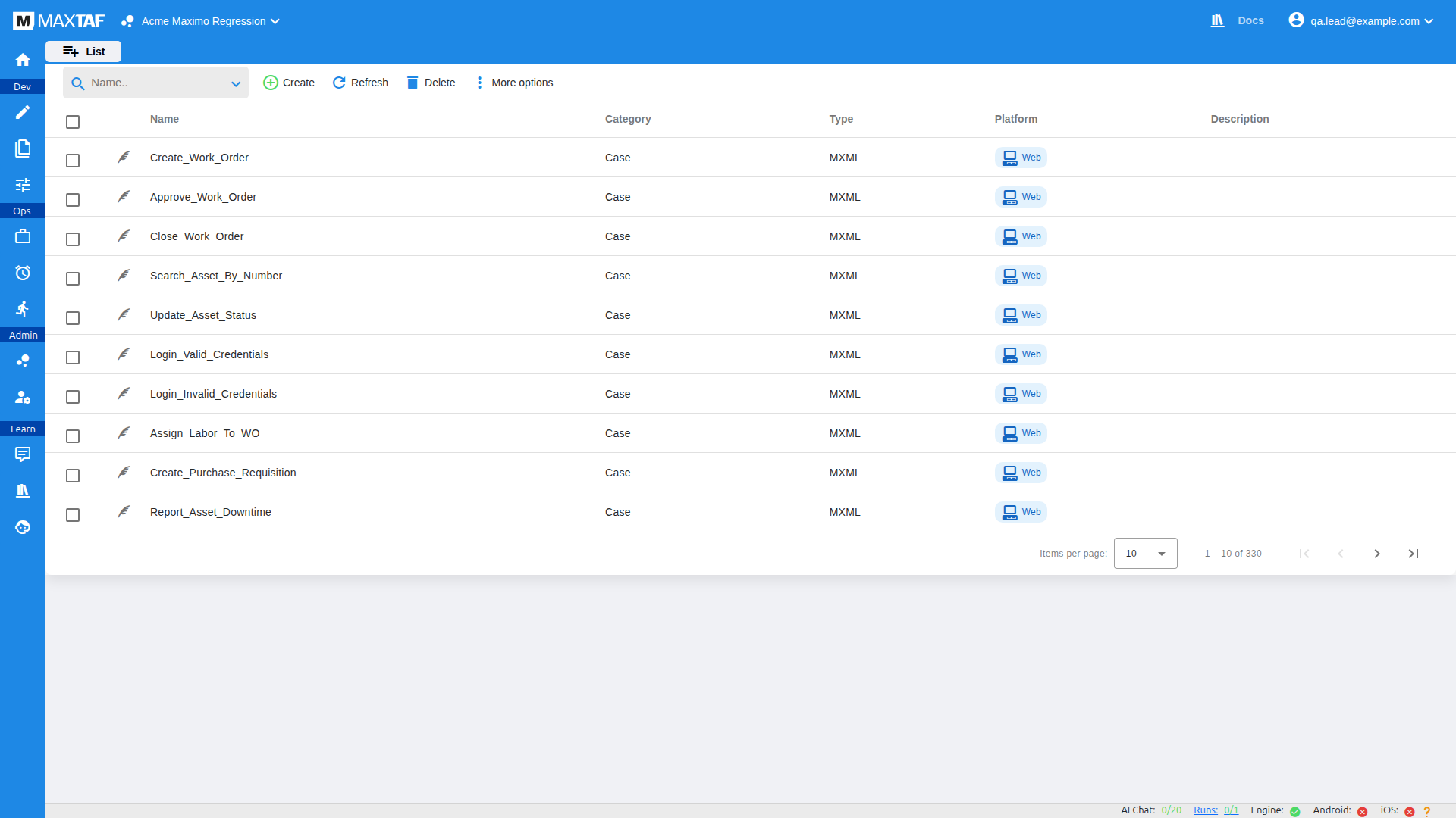 Workspace list view